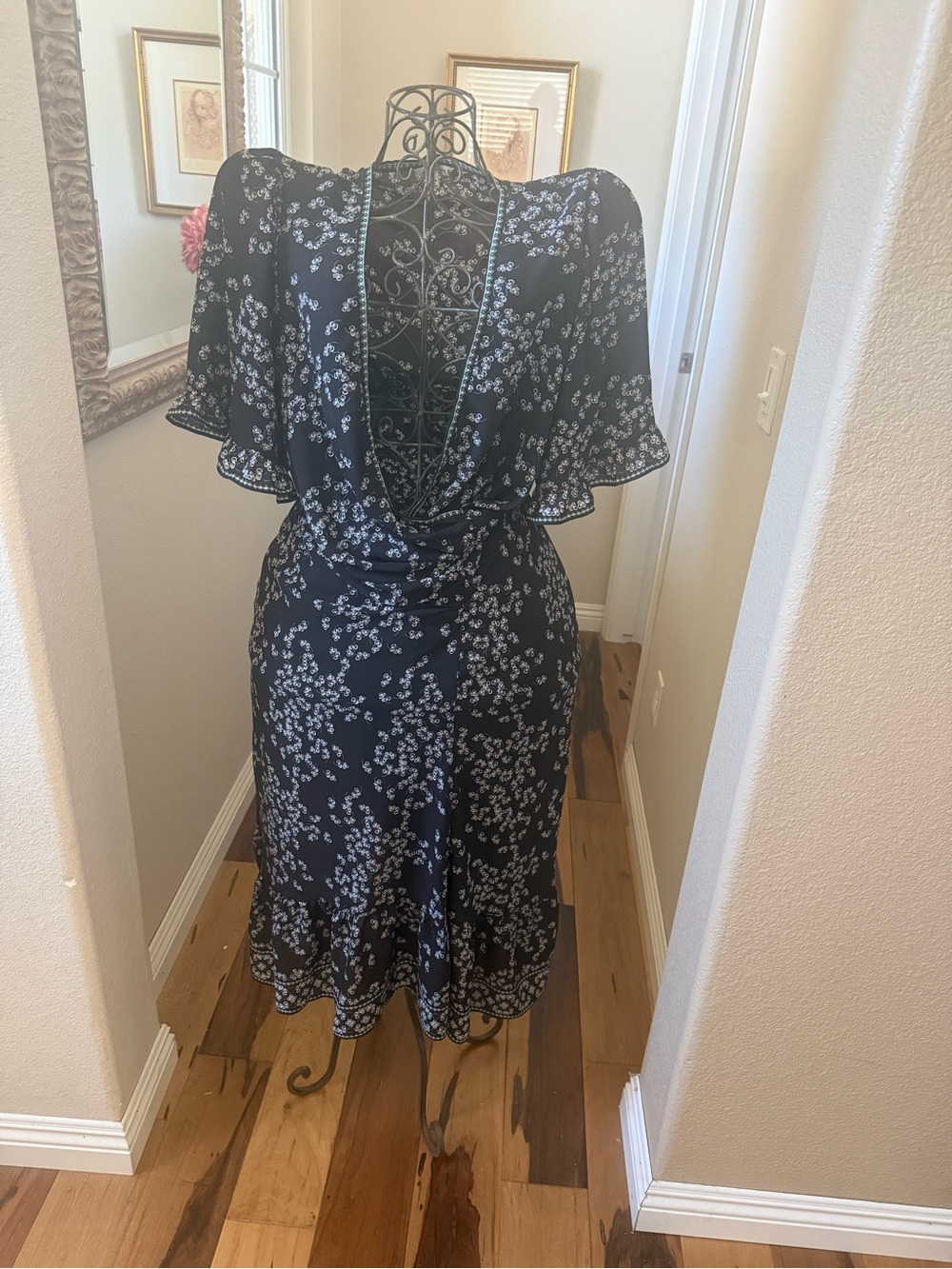 Max Studio Black Floral Midi Wrap Dress with Flutter Sleeves